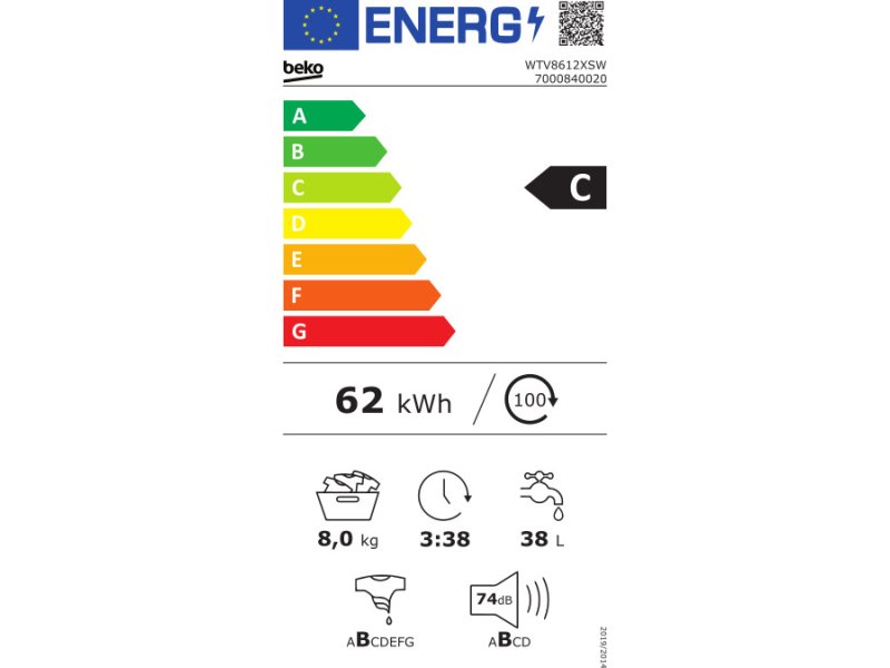 BEKO WTV 8612 XSW Πλυντήριο Ρούχων 8kg - C - 1200/λεπτό - (Υ x Π x Β): 84 x 60 x 54 cm 0022733