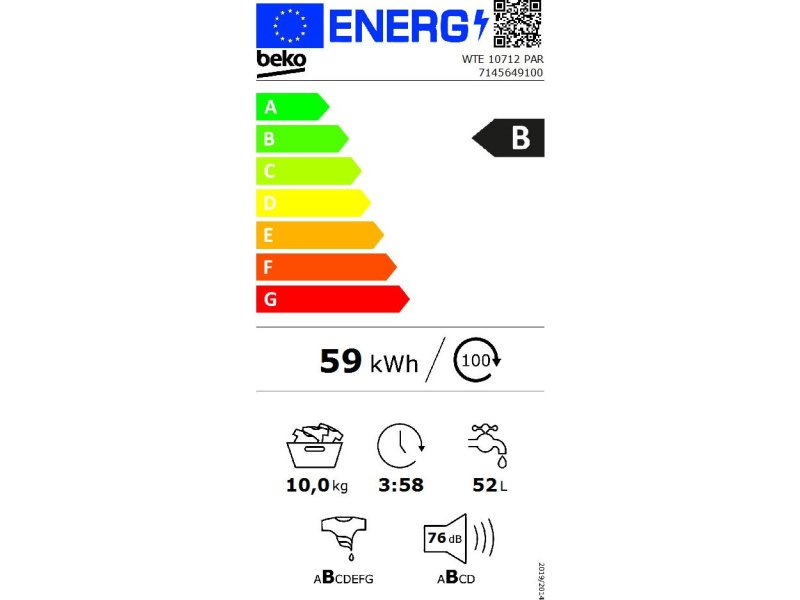 BEKO WTE 10712 PAR Πλυντήριο Ρούχων Λευκό 10kg - 85 x 60 x 64 1400 Στροφές - Β - 0024072