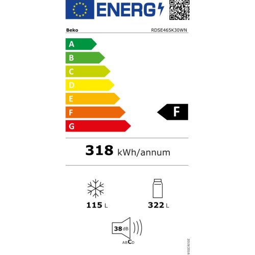 BEKO RDSE465K30WN Ψυγείο Δίπορτο με Κατάψυξη Επάνω - F -  (Υ x Π x Β): 185 x70 x 64,8cm Λευκό 0026063