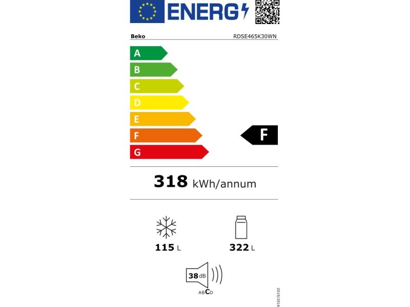 BEKO RDSE465K30WN Ψυγείο Δίπορτο με Κατάψυξη Επάνω - F -  (Υ x Π x Β): 185 x70 x 64,8cm Λευκό 0026063