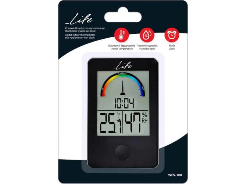 LIFE WES-100 iTemp Ψηφιακό θερμόμετρο / υγρόμετρο εσωτερικού χώρου με ρολόι και έγχρωμη απεικόνιση επιπέδου υγρασίας, σε μαύρο χρώμα. 0030759