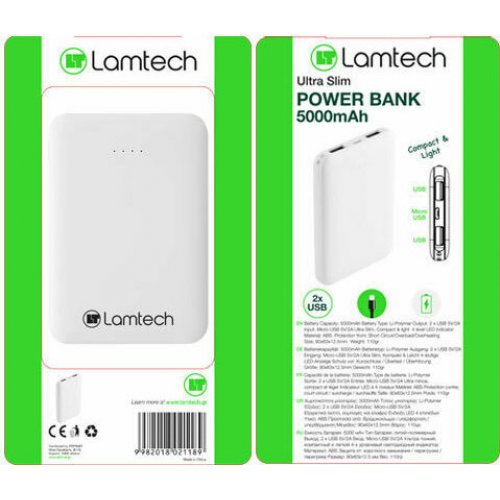 LAMTECH LAM021189 ULTRA SLIM POWERBANK 5000MAH Λευκό 0032567