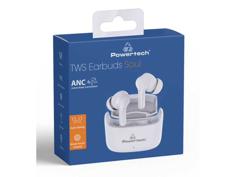 POWERTECH PT-1052 In-ear Bluetooth Handsfree Ακουστικά με Αντοχή στον Ιδρώτα και Θήκη Φόρτισης Λευκά 0036070