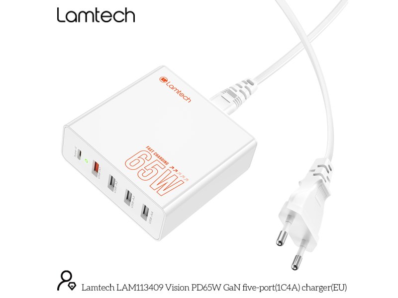 LAMTECH GaN ταχυφορτιστής 1xTYPE-C & 4xQC3.0 65W & EU CABLE 1.5M 0037735