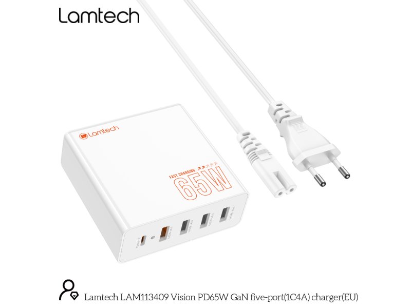 LAMTECH GaN ταχυφορτιστής 1xTYPE-C & 4xQC3.0 65W & EU CABLE 1.5M 0037735