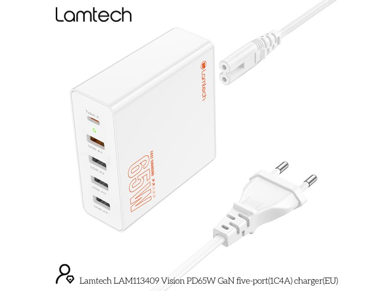 LAMTECH GaN ταχυφορτιστής 1xTYPE-C & 4xQC3.0 65W & EU CABLE 1.5M 0037735