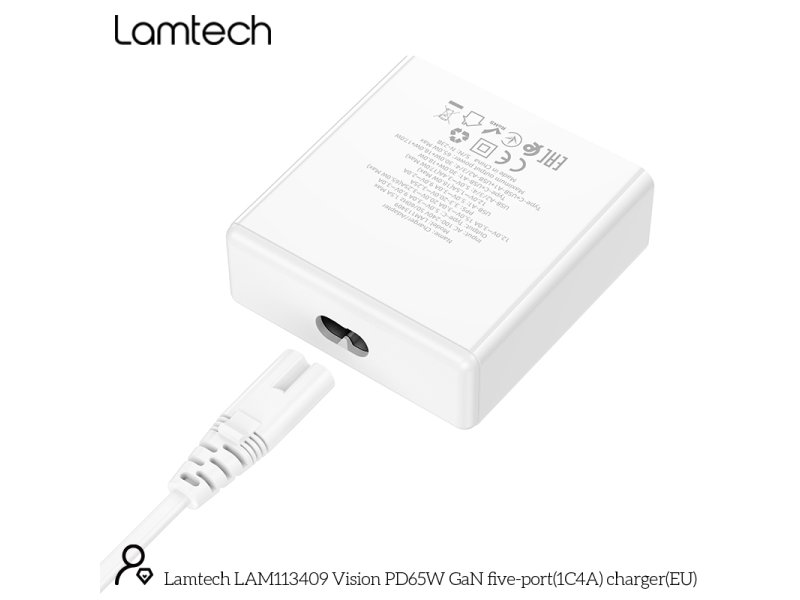 LAMTECH GaN ταχυφορτιστής 1xTYPE-C & 4xQC3.0 65W & EU CABLE 1.5M 0037735