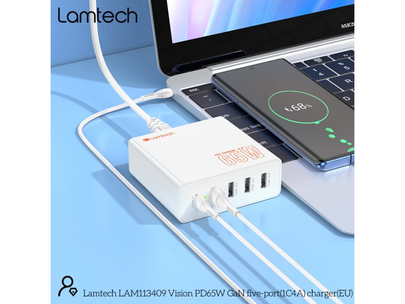 LAMTECH GaN ταχυφορτιστής 1xTYPE-C & 4xQC3.0 65W & EU CABLE 1.5M 0037735