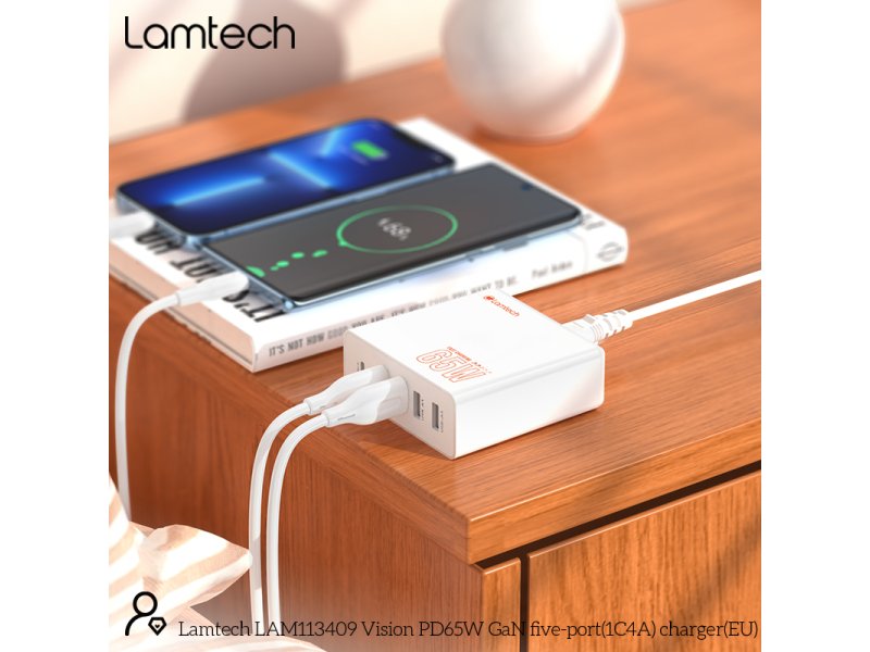 LAMTECH GaN ταχυφορτιστής 1xTYPE-C & 4xQC3.0 65W & EU CABLE 1.5M 0037735