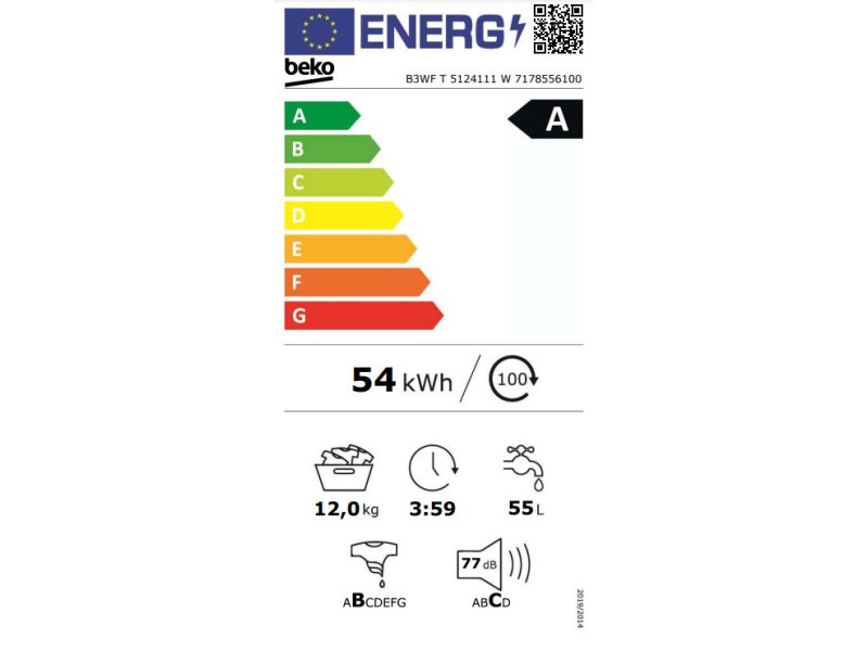 BEKO WFT5124111W Πλυντήριο Ρούχων με Λειτουργία Ατμού 12kg - 84x60x58εκ. 0037530