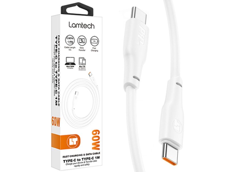 LAMTECH LAM113126 CHARGE AND DATA CABLE TYPE-C TO TYPE-C 60W 1M WHITE 0038432 LAMTECH LAM113126 CHARGE AND DATA CABLE TYPE-C TO TYPE-C 60W 1M WHITE 0038432