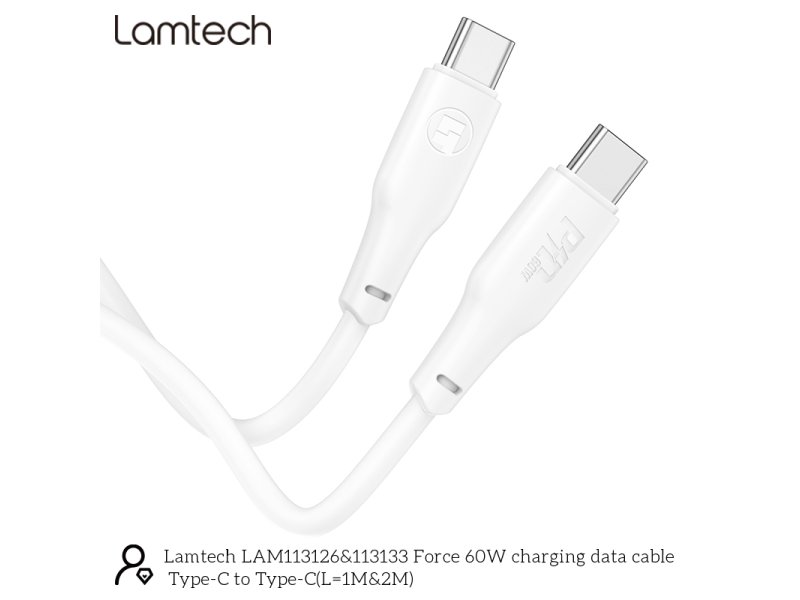 LAMTECH LAM113126 CHARGE AND DATA CABLE TYPE-C TO TYPE-C 60W 1M WHITE 0038432 LAMTECH LAM113126 CHARGE AND DATA CABLE TYPE-C TO TYPE-C 60W 1M WHITE 0038432