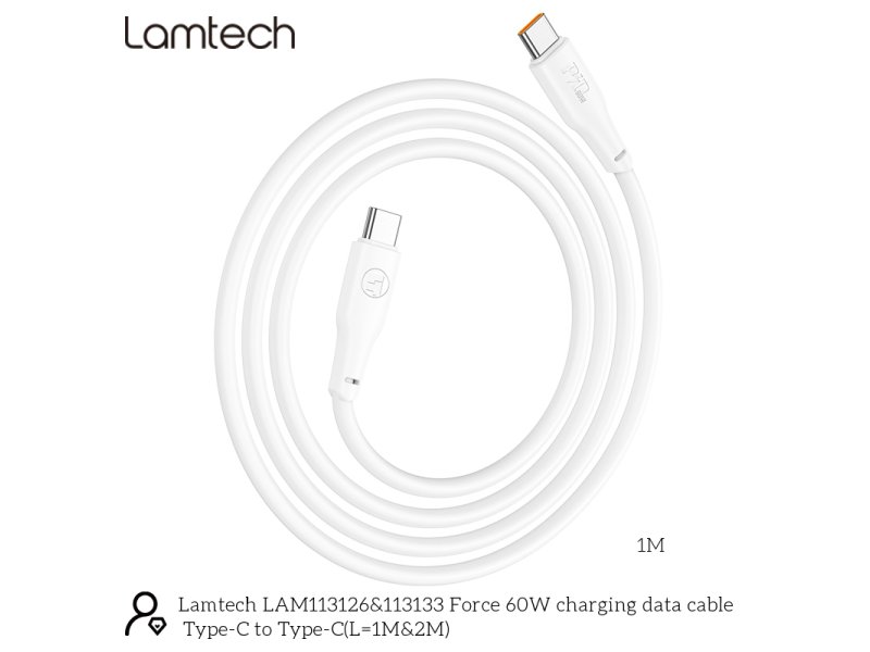 LAMTECH LAM113126 CHARGE AND DATA CABLE TYPE-C TO TYPE-C 60W 1M WHITE 0038432 LAMTECH LAM113126 CHARGE AND DATA CABLE TYPE-C TO TYPE-C 60W 1M WHITE 0038432